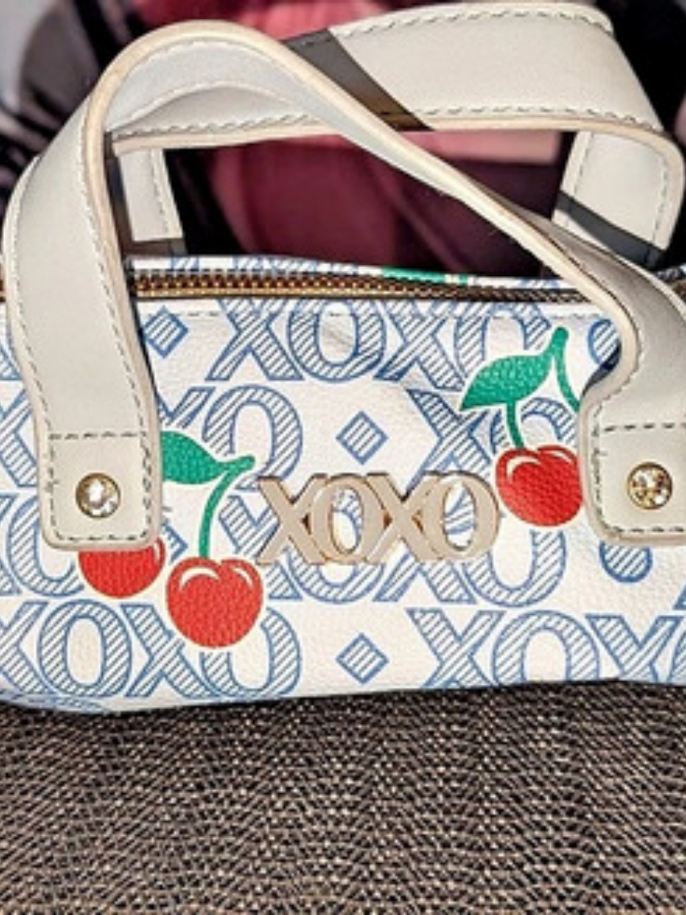 XOXO Cherry Print Mini Barrel Crossbody Bag White & Blue